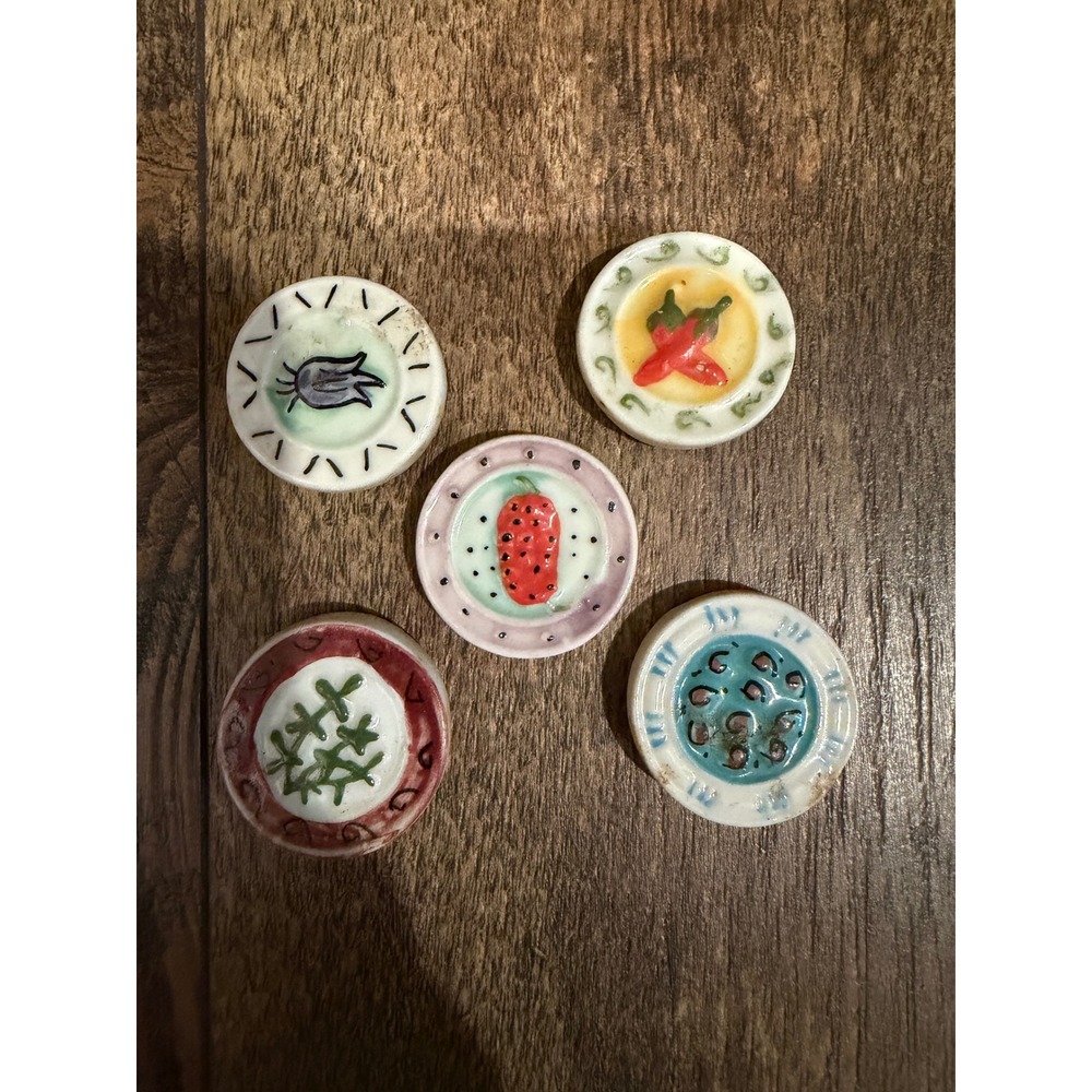 Vintage Hand Painted Ceramic‎ Miniature Plates Set of 5 Magent Decor Folk Art